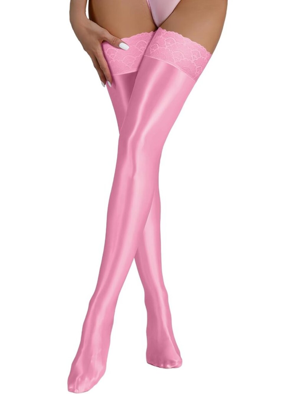 Shiny Glossy Thigh High Stockings | Sexy Sheer Over Knee Socks with Lace Top
